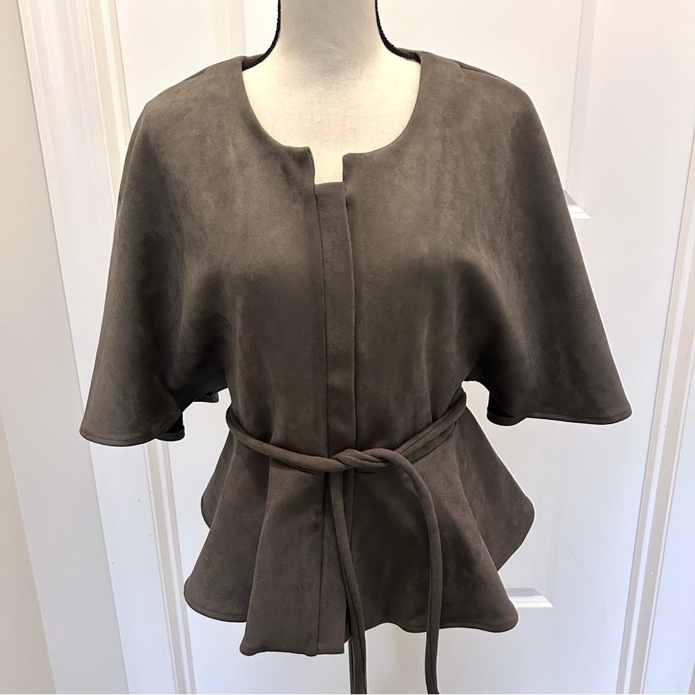 Gracia Peplum Ultra Suede Zip-Up Top with Tie Belt | Size L